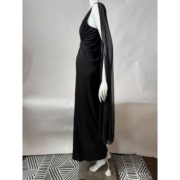 BCBG Max Azria Black Pleated Evening Gown With Sheer Asymmetrical Drape & Ruched - Picture 8 of 16